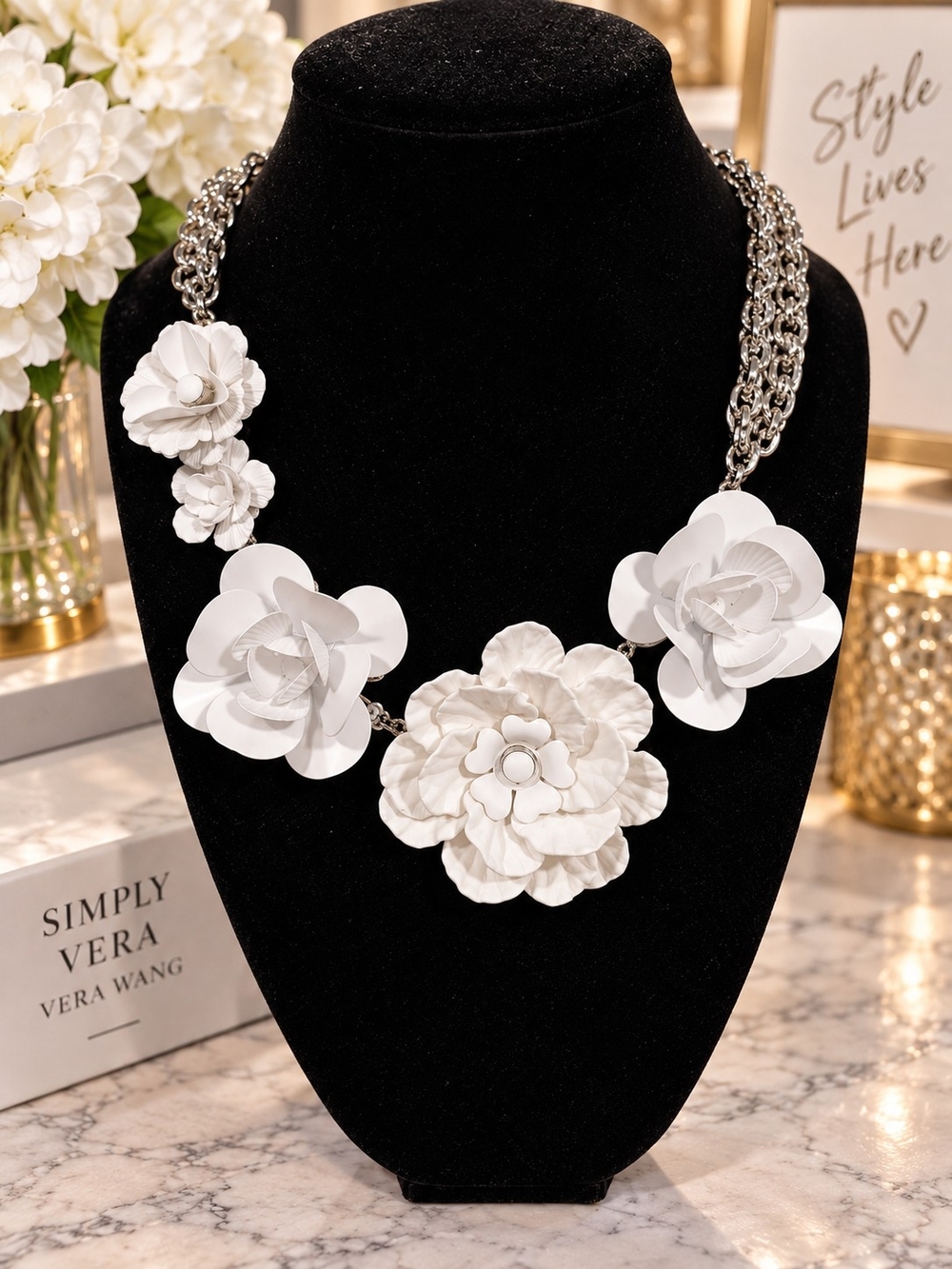 Vera Wang White Floral Statement Necklace on Silver Chain